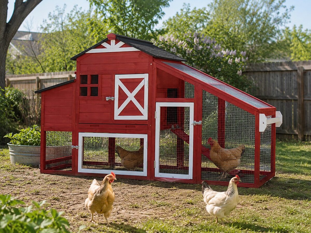 Aivituvin Mobile Chicken Coop for 4-6 chickens, red barn style with attached run