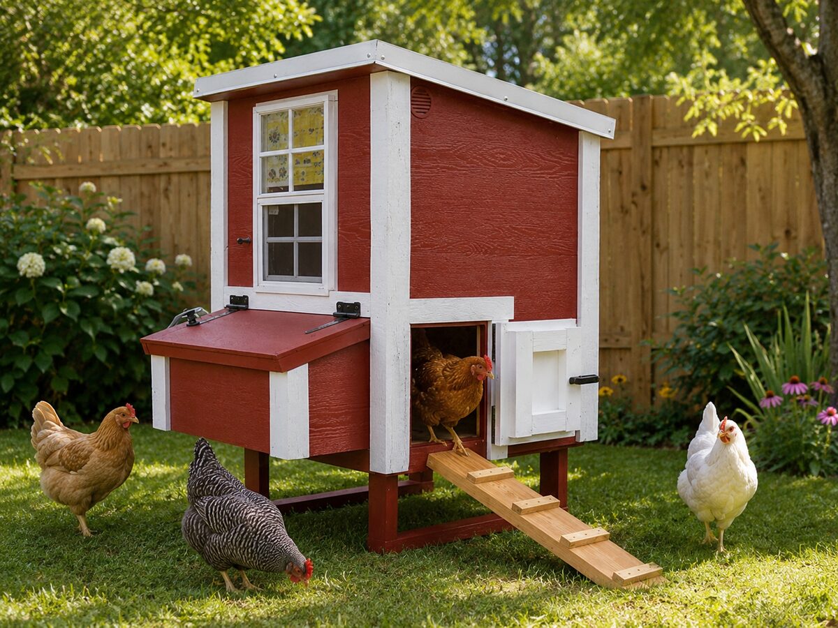 OverEZ Small Chicken Coop, red barn style with ramp and nesting box